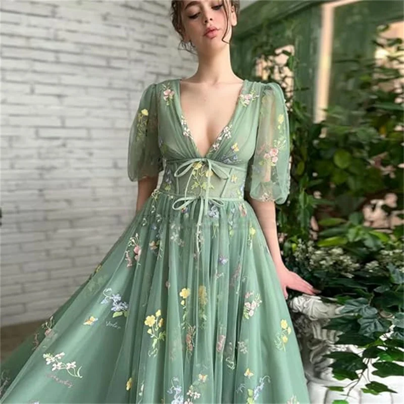 Babyobline Chic Blumen Frauen Maxi kleid Fee Puff ärmel Stickerei Tüll grün lange Abendkleider für Hochzeits feier