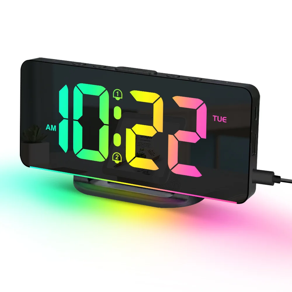 RGB-Digitalwecker mit RGB-Stimmungslicht, 2 Alarme, Nachtmodus, unbegrenzte Schlummer-Tischuhr, 12/24 Stunden Ausgang, USB-Aufladung, LED-Uhr Image