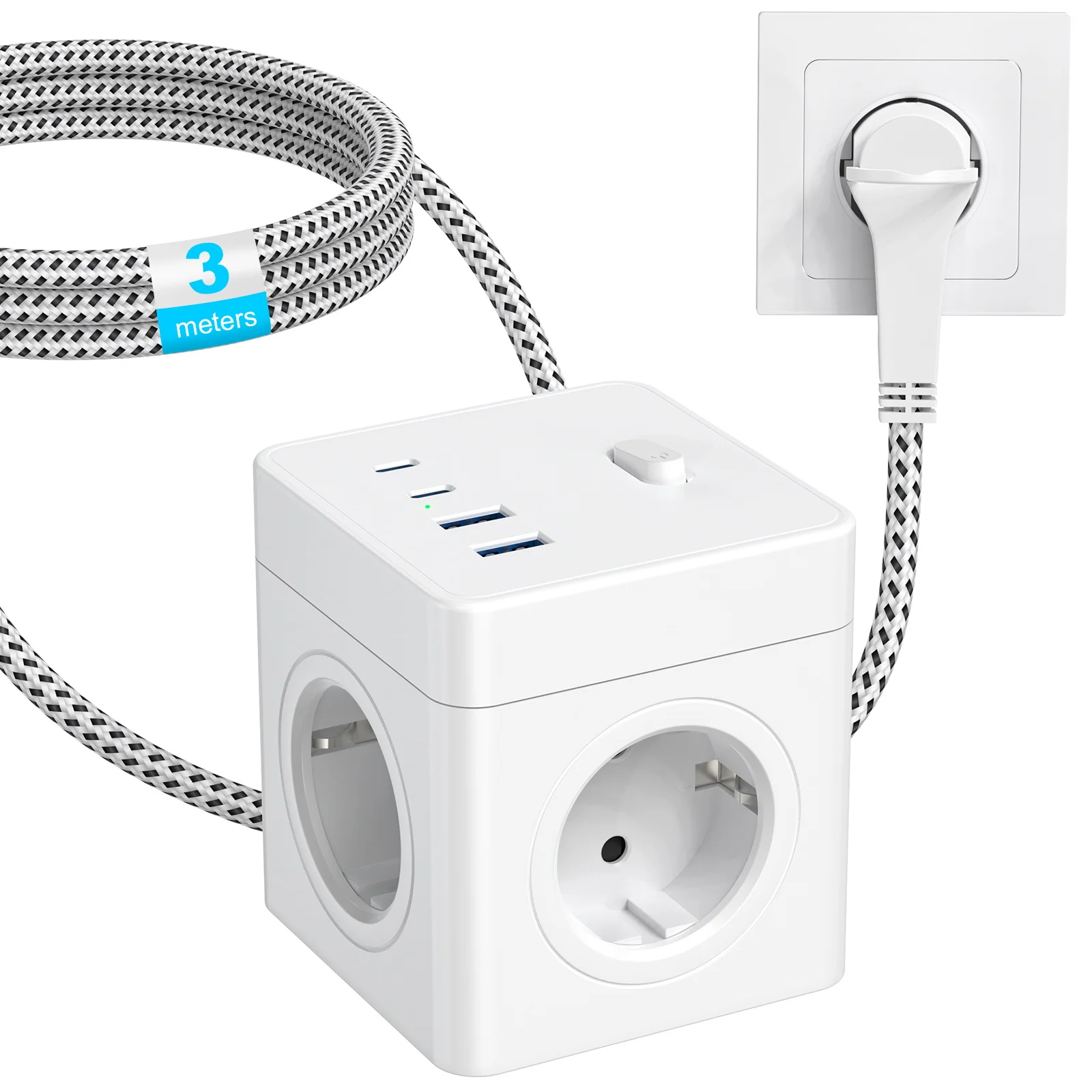 Europäischer Flachstecker-Steckdosenleistenwürfel mit 3/2,5 Meter langem geflochtenem Kabel, USB-Wandsteckdose, Multifunktionsadapter für das Heimbüro Image