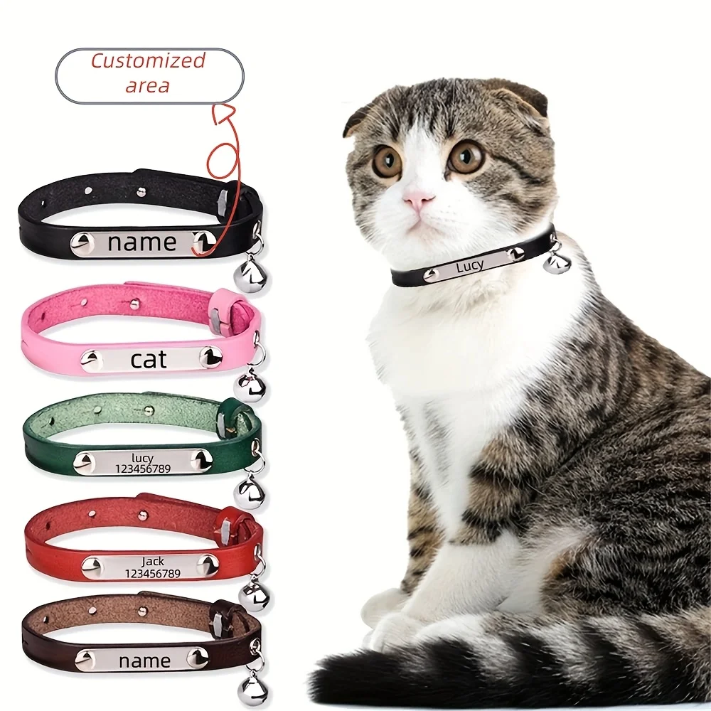 Katzenhalsband personalisiert mit Glöckchen, erste Schicht aus Leder, individuell graviertes Namensschild, ID-Tag, Telefonnummer, niedliche Haustier-Welpen-Kätzchen-Kollektion Image