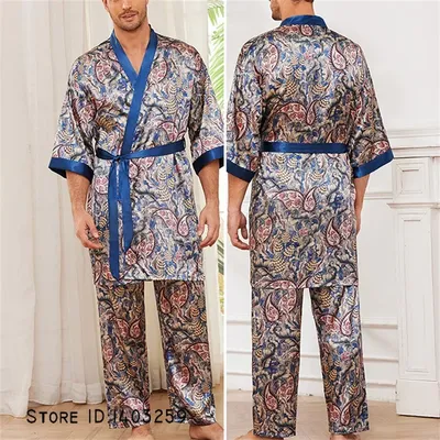 Drucken Langarm Kimono Bademantel Kleid Hosenanzüge Frühling Herbst männer Robe 2PCS Pyjamas Set Image