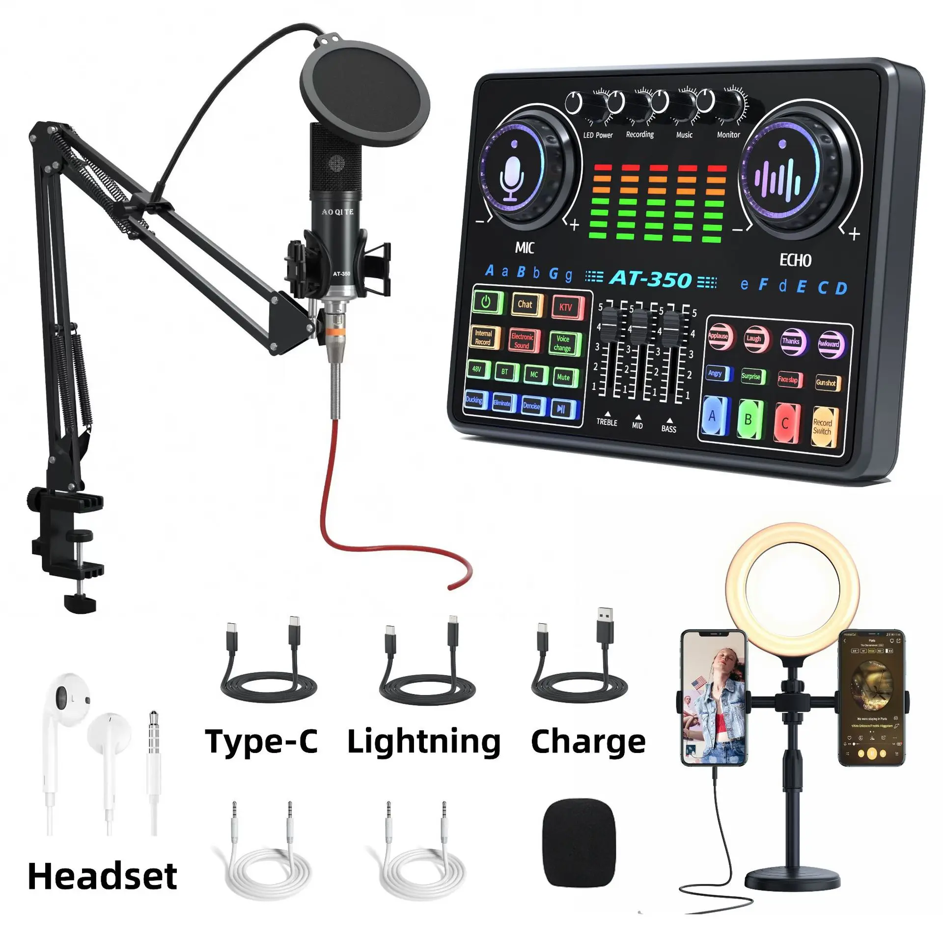 Kondensatormikrofon Kit mit Soundkarte/Ringlicht für Live-Streaming/Podcasting/Singen/PC/Mobil/TikTok/YouTube. Image