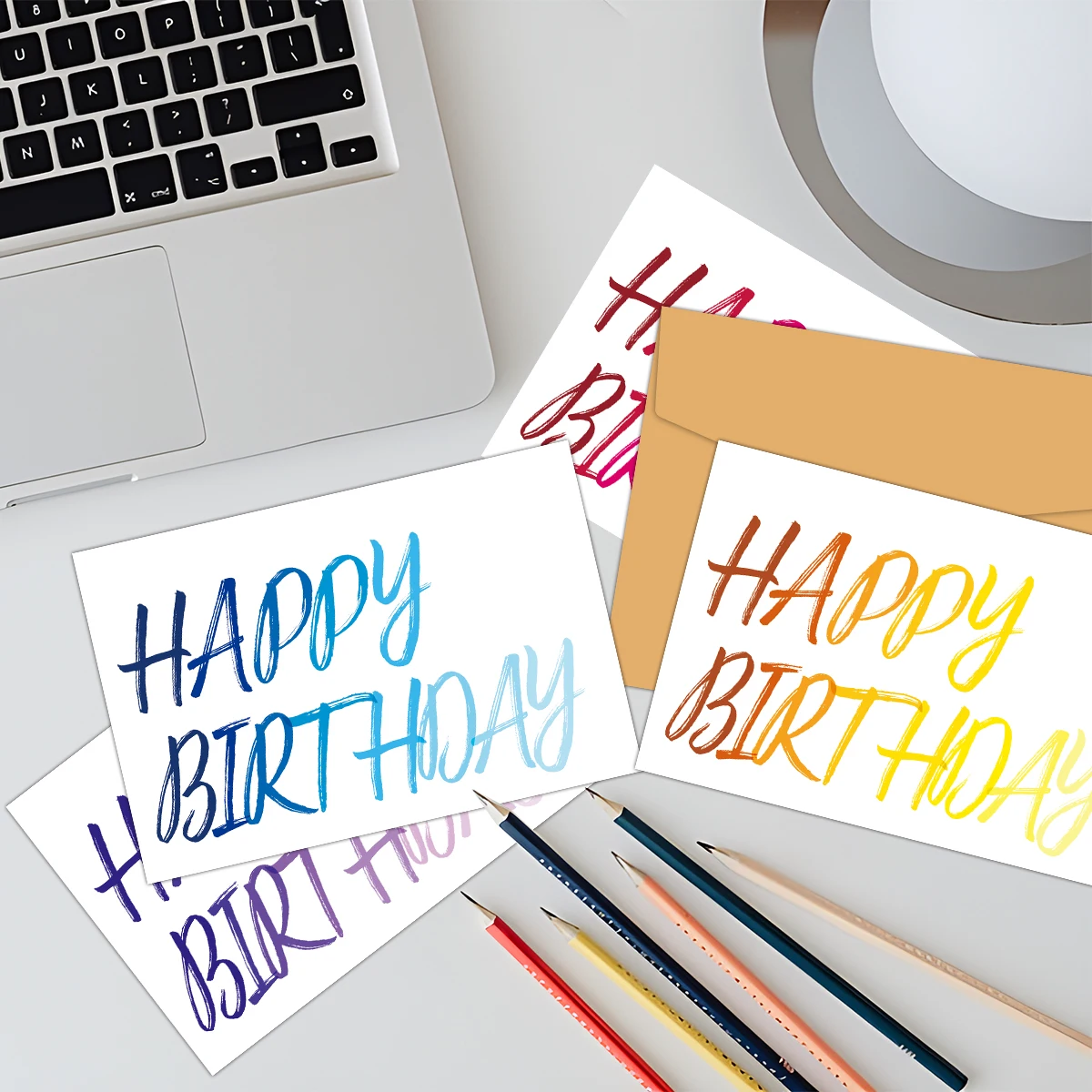 12 Happy Birthday-Karten mit Umschlägen und leerer Seite, einfach farbige Geburtstagsgrußkarten liefern ein herzhaftes Andenken Image