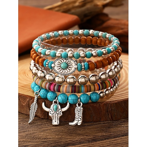 Set di braccialetti con perline da donna in stile boho western – multistrato elastico con turchese, perline di legno e ciondoli a forma di stivali da cowboy, piume e teschio di toro – gioielli da festival, casual e da regalo