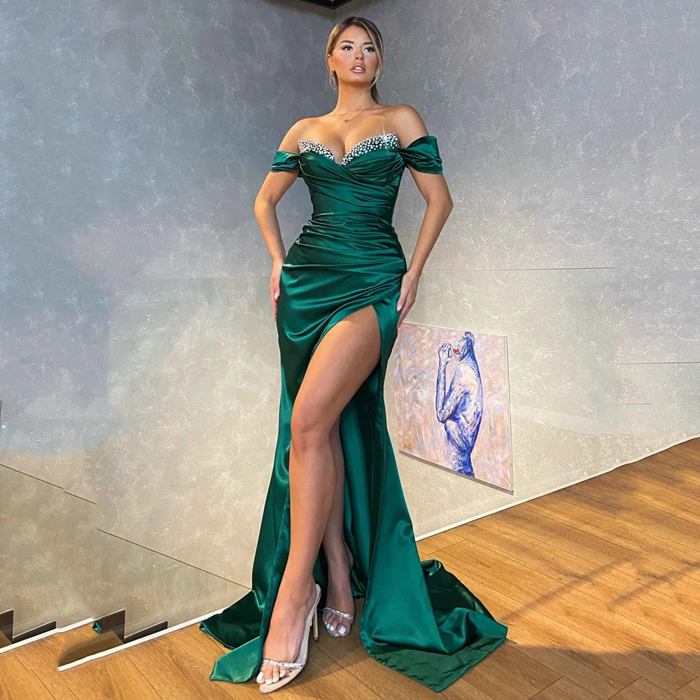 Yipeisha abiti da sera verde smeraldo abito da sera a sirena con spacco laterale in raso con spalle scoperte abito da ballo formale con perline lunghe