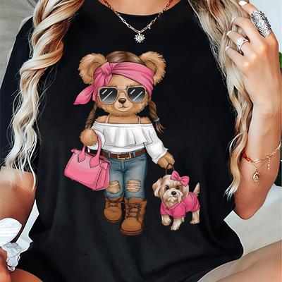 TEMU Women's Casual Short Sleeve T-shirt - Cute Teddy Bear & Dog Print, Black Round Neck Top, Medium Washable , Teddy Bear T Shirt, Comfortable Clothing, Print, Durable Fabric Image
