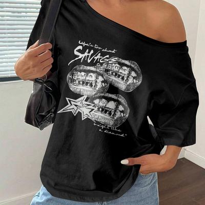 TEMU Y2k Women's Top, Hip-hop Rock Style, Savage Metal Lips Print, Casual Off-shoulder T-shirt, Polyester, Medium Stretch, Asymmetrical Neckline, For Spring/summer, Daily Wea Image