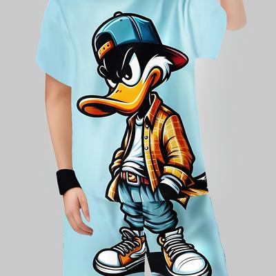 TEMU Boys' 3d Outfit Set - Short Sleeve T-shirt & Shorts With Stylish , Light Blue, Polyester, Spring/summer Outdoor Activitie, For Outdoor Image