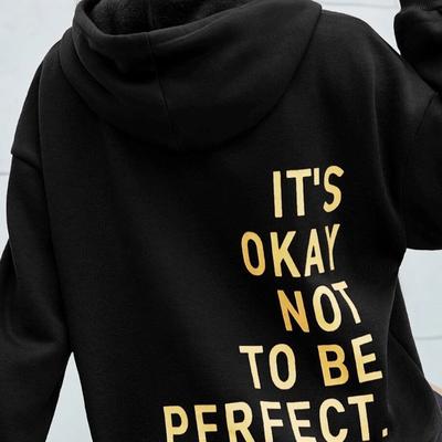"TEMU Women' Casual Hooded Sweatshirt With Yellow " Okay Not To " Letter Print - Relaxed Fit, Drawstring Hood, Machine Washable, Fall & Winter , Autumn Apparel, Hooded Neckline, Comfortable" Image