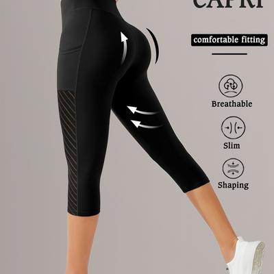 TEMU Women's High-waisted Yoga Capri Leggings - 7/8 Length Stretch Slim-fit Butt-lifting Breathable Workout Pants With Pockets For & Spring/summer Activewear, Yoga Pants, Solid , Highelastic Material Image