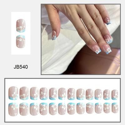 TEMU 24pcs Short Square Fake Nails - -petal , Glossy Press-on Nails With Pastel Blue Tips & Soft Pink Base, Reusable Artificial Nails For , Nails Accessories, Beauty Enhancements, Durable Pressons Image