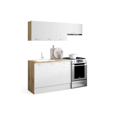 Komplettküche 180 cm subtil mit Arbeitsplatte aus 5 Elementen aus Holz und Weiß Image