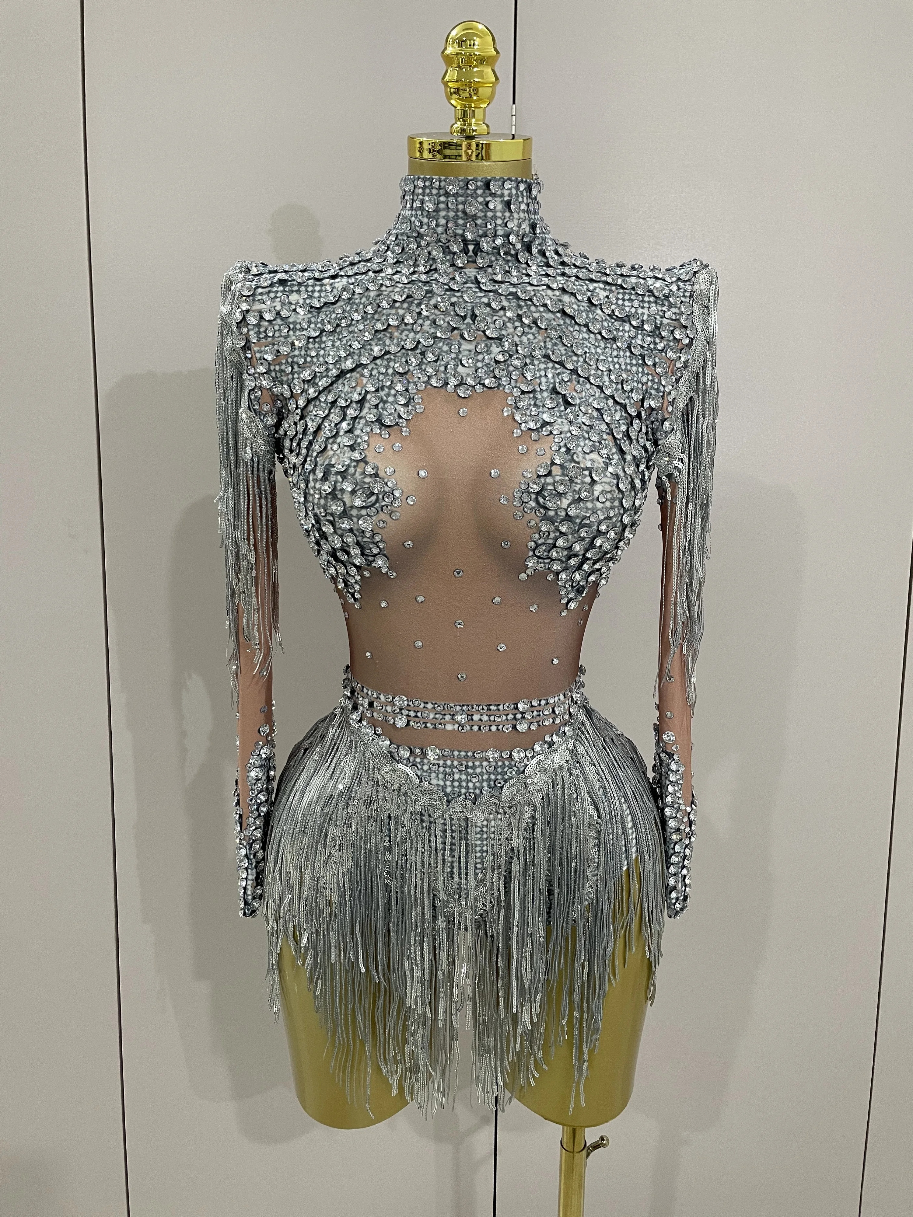 Frauen Sparkly Strass Pailletten Quaste Stretch Bodys 2025, Neue Ankunft Geburtstag Party Nachtclub DJ Bühne Leistung Kostüm Image