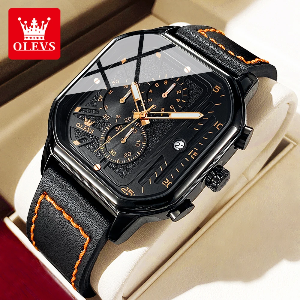 OLEVS 9950 Uhren für Herren, Quarz, Chronograph, Leder, modische Kleiduhr, Datum, wasserdicht, leuchtend, lässig, quadratisch, Herren-Armbanduhr Image