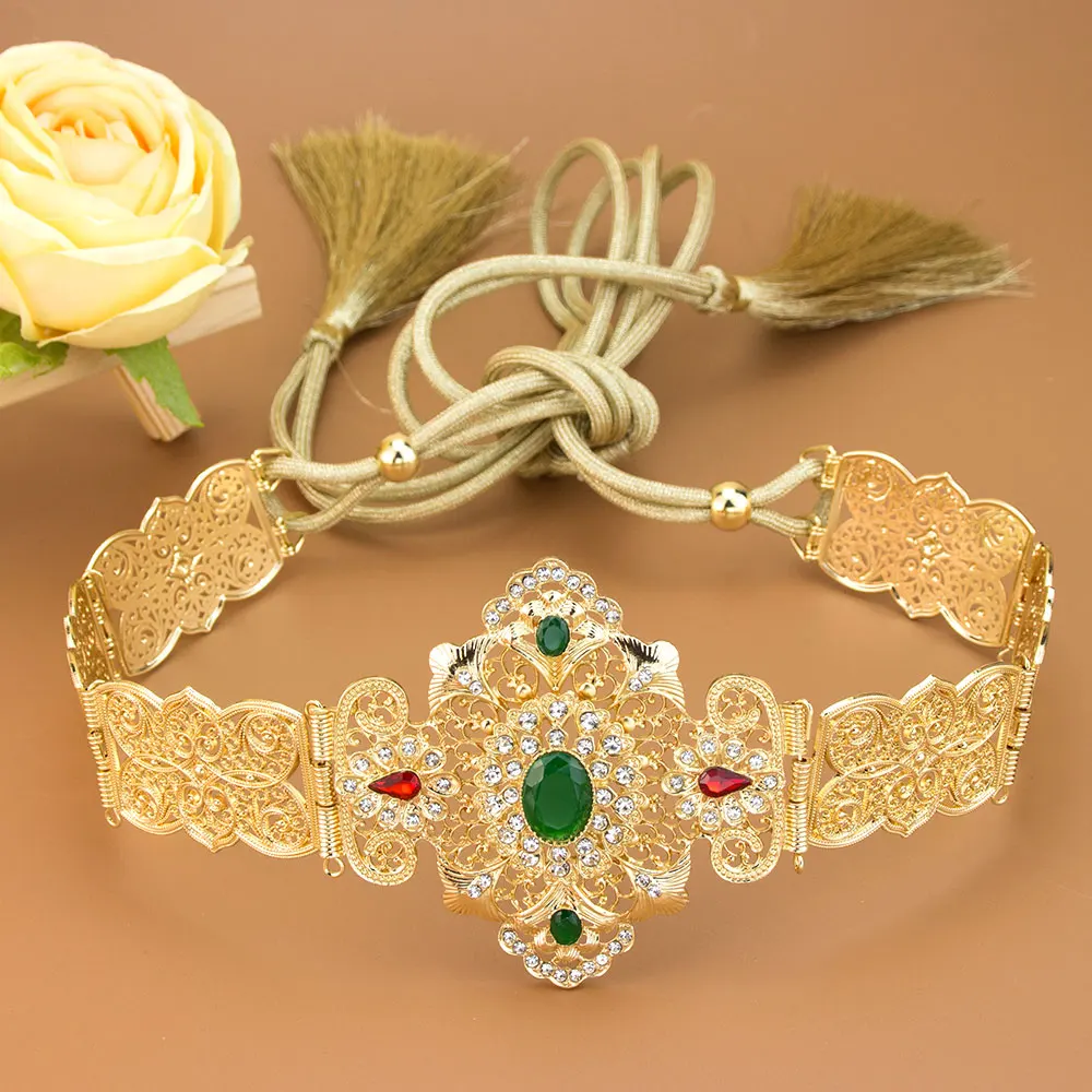 Arabische Frauen Kleid Quasten Seil Taille Kette Gold Farbe Kristall Marokko Kaftan Gürtel Braut Hochzeit Schmuck Image
