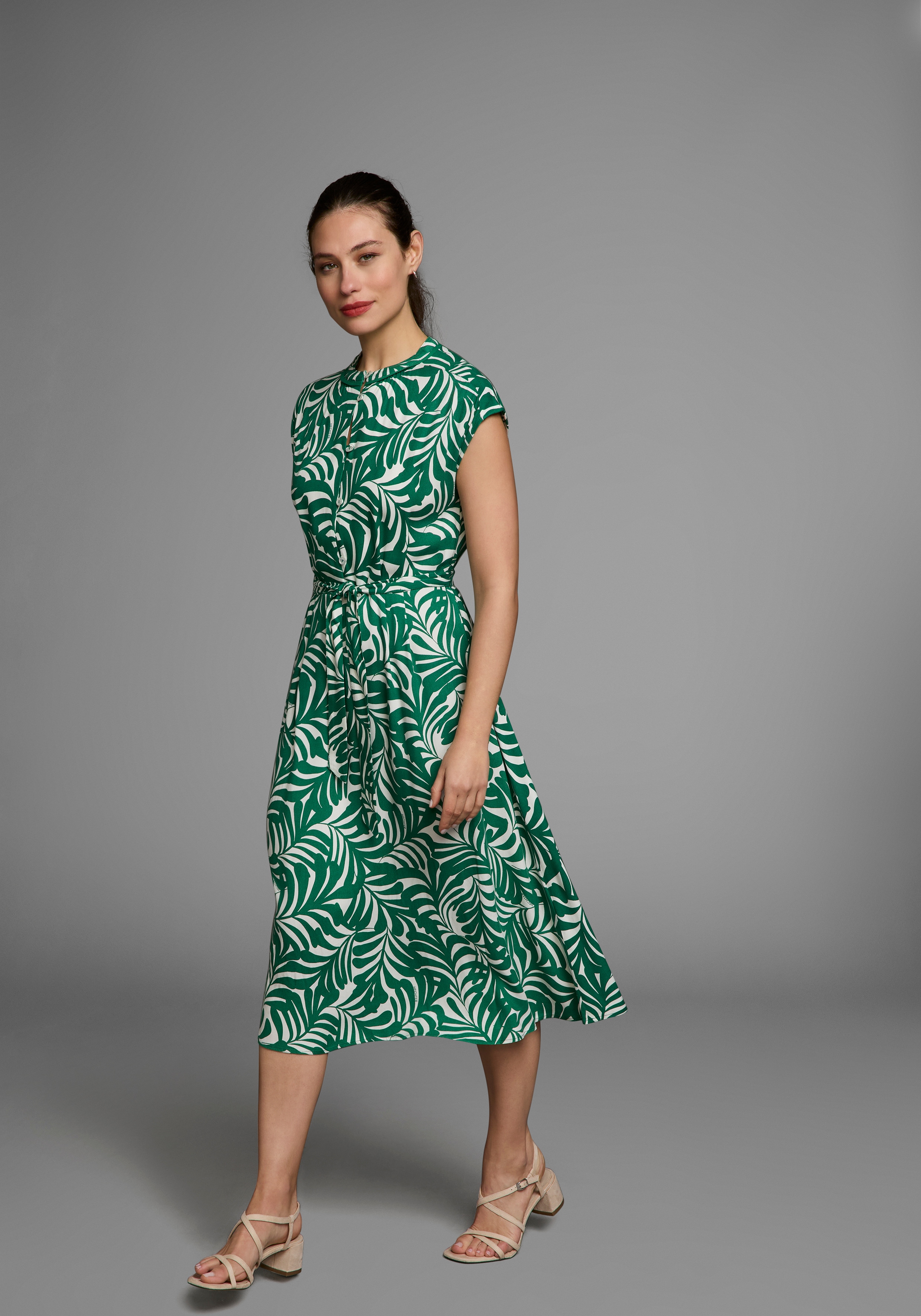 Midikleid HECHTER PARIS, Damen, Gr. 36, N-Gr, grün, floral, gemustert, Obermaterial: 100% Viskose, gemustert, figurumspielend wadenlang, Rundhals, angeschnitten, Kleider Midikleid, mit Knopfleiste und Bindetaille