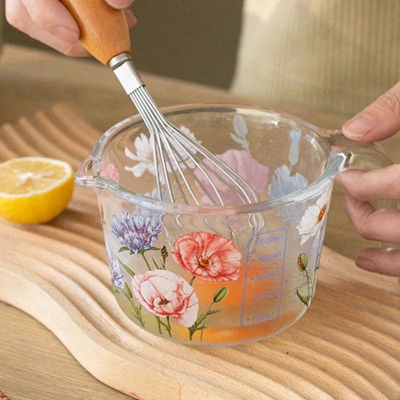 Glass Measuring Cup with Lid 500ml Milk Juice Cup with Scale Measuring Jars Household Kitchen Gadgets Floral Baking Cooking Tool