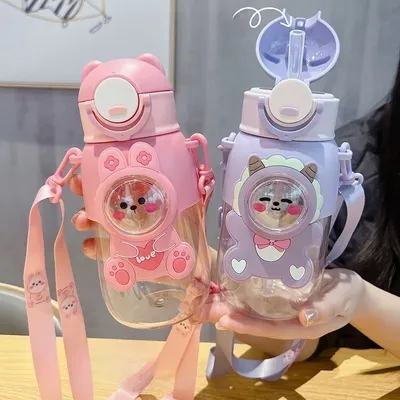 660ml Portable Cartoon Animal Leak-proof Water Bottle Safety Lock Cute Straw Cup Kids Drinking Jug