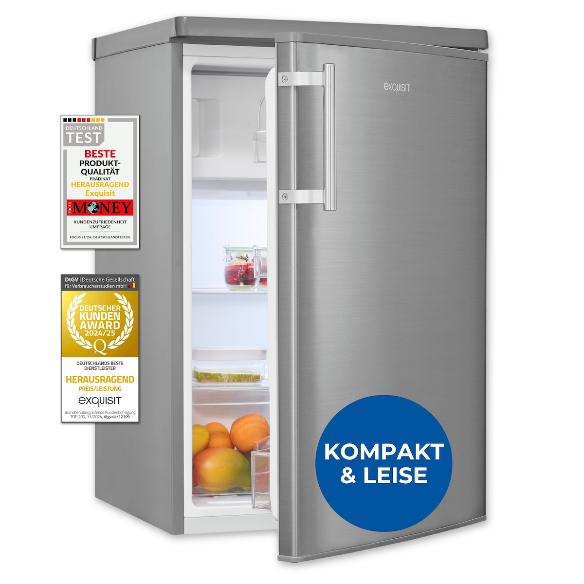 Exquisit Kühlschrank ohne Gefrierfach, EEK: C, 118 Liter, 4-Sterne-Gefrierfach, Gemüseschublade, Türanschlag wechselbar, KS16-4-HE-040C inoxlook Image