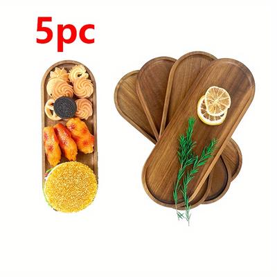 TEMU Rated 5pcs Acacia Wood Oval Wooden Tray For Kitchen Supplies, Cake, Pastry, , Snacks, Wooden Dinner Plate, Appetizer Plate, Food Service Platter Image