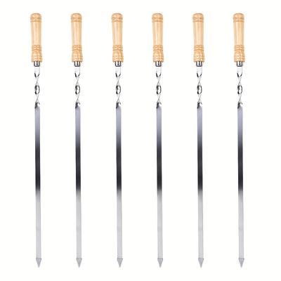 TEMU 6pcs Bangrui Stainless Steel Bbq Skewers, Large Wide Reusable Kebab Skewers With Nonslip Wooden Handle For , Chicken, Shrimp, And Vegetables - Ideal For Outdoor And Garden Use Image