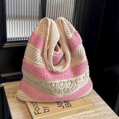 TEMU 1pc Women's Pink Striped Crochet Knit Tote Bag - Large Casual Shoulder Handbag With Fixed Straps, Polyester Lining, No-closure Design For Beach & Everyday Us Image