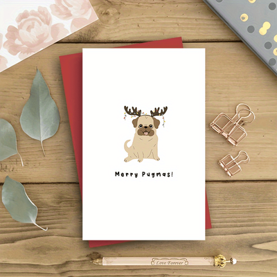 TEMU Pug Christmas Card With Antlers & Lights – Merry Pugmas! Cute Holiday Greeting For Family, & Image