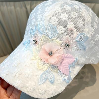 TEMU Elegant White Lace Baseball Cap For Women With Floral Embroidery, Breathable Mesh Back, , And Decorative Flower & Accents, Baseball Cap Image