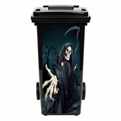 TEMU 1pc Spooky Skeleton Hooded Figure Trash Can Sticker - Waterproof, Self-adhesive & Removable Pvc Decal For Outdoor & Kitchen Use, Adds A Touch Of Horror Image