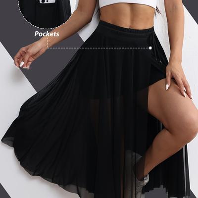TEMU High-waist Stretchy Mesh Dance Skirt With Pockets - Breathable & Quick-dry, Sexy Solid Black With Pleated Detail, Yoga & Fitness, Spring/summer Collection Image