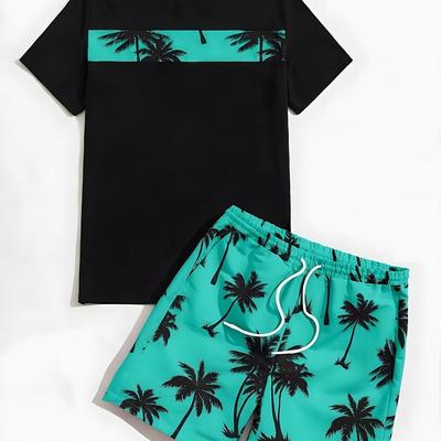 TEMU Men's 3d Printed Summer Two-piece Set, Short Sleeved Round Neck T-shirt And Pocket Elastic Waist Shorts, Fashionable Design, Slightly Elastic, Knitted Fabric, Image