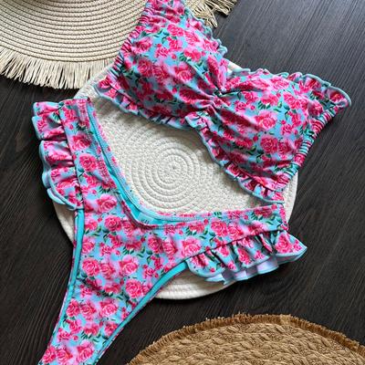 TEMU Women's Floral Print Ruffle Bikini Set - Low Waist, , High Stretch Fabric, Cute & Design With Bow Details, Swimming & Holiday, | Bikini|stretchable Fabric Image