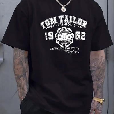 TEMU Tom Tailor Men's Vintage 1962 Urban Fashion Logo Print T-shirt - Black Regular Fit Short Sleeve Round Neck Casual Tee, Machine Washable , Vacation Clothing | Casual Tshirt | Stylish Casualwear Image