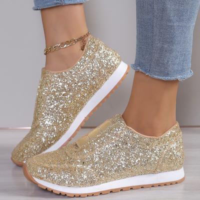 TEMU Women's Glittery Slip-on Sneakers - Casual Low Top Shoes With Round Toe, Fabric Upper & Rubber Sole For All Image