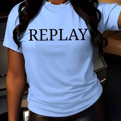 "TEMU 1pc Redlau Women's Casual Short Sleeve T-shirt With "" Letter Print, 100% Polyester Fabric, Round Neck, Machine Washable, For Casual Attire, Relaxed Style Top, Tee, Lightweight Fabric" Image