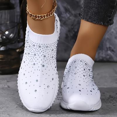 TEMU Women's Rhinestone Embellished Slip-on Walking Shoes, Breathable Mesh Casual Sneakers, Comfortable Platform Camp Shoes, Fashion Sock Sneakers With Air Cushion Sole Image