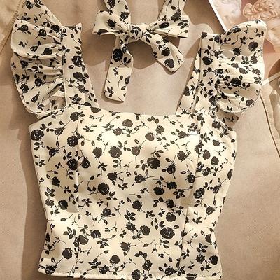 TEMU Chic Floral Print Women's Cami Top With Bow Detail - Sleeveless Vest, Black And White, Versatile For All Image