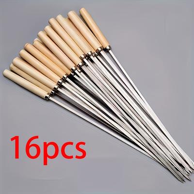 TEMU 16pcs Stainless Steel Bbq Skewers With Wooden Handles - , Non-slip, Heat-resistant For Grilling, Frying, And Outdoor Cooking, Grill Accessories Image