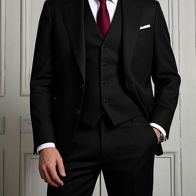 TEMU Men's Elegant Black Three-piece Suit With Lapel Collar - Includes Vest, Dress Shirt, And Trousers - Weddings, Formal Events, And Business Attire, Formal Attire||polyester Blend Image