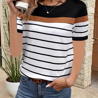 TEMU Women' Striped Geometric Crew Neck T-shirt - Short Sleeve, Relaxed Fit, Spring/summer/fall Top, Polyester Fabric, Vacation Or Casual Attire, Summer Top | Color | Polyester Image