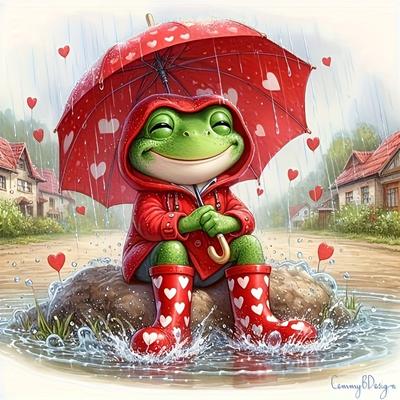 TEMU A Cute Frog Holding Umbrella Animal Theme Diy Diamond Painting Kit, Round Acrylic Diamond, Canvas Wall Art Decoration-without Picture Frame Image