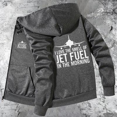 "TEMU Men's Trendy Airplane Print Hooded Jacket - "i Love The Smell Of In The Morning" Design, Gray Casual Zip-up For Fall/winter With Pockets, Slim Fit, Polyester Blend, Machine Washable" Image