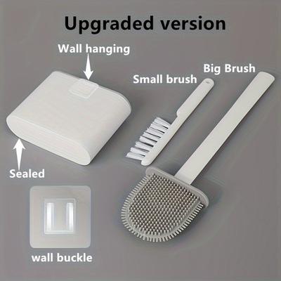 TEMU 1 Set Ergonomic Wall-mounted Toilet Brush Set Featuring Silicone Head - Space-efficient Long Handle Cleaning Tool For Bathrooms, Kitchens & Living Rooms - Bundle Includes 2 Brushes & Holder Image