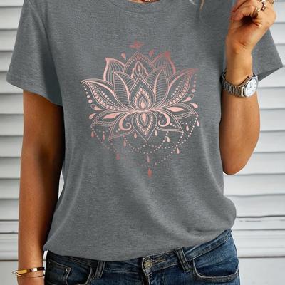 TEMU Women's Casual Short Sleeve T-shirt With Lotus Flower Print - Soft Stretchy Fabric, Relaxed Fit, Design For Spring/summer, Hand Wash Only, Summer Clothing, Fashionforward Top, Tee Image
