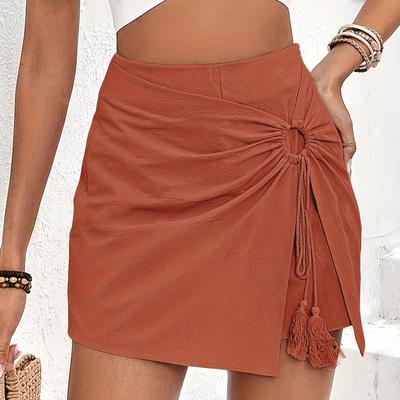 TEMU Women's Elegant Brown Summer Skort - High-waisted Vacation Skirt Shorts With Tassel Detail, Machine Washable Viscose Blend, Casual Or Stylish Outfits Image