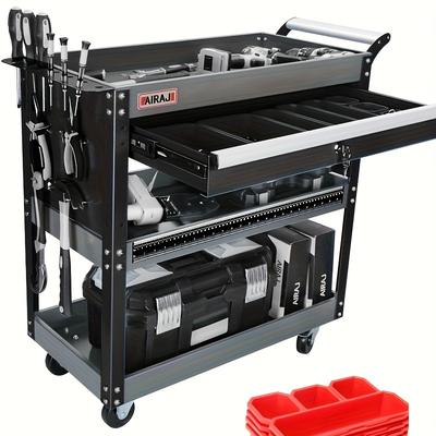 TEMU 3-tier Lockable Tool Cart With Drawers, Rolling Utility Organizer On Wheels, Durable Alloy , Multi-compartment Storage Trolley For Workshop, Warehouse, And Car Image