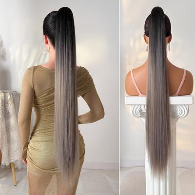 "TEMU 32" Ombre Claw Ponytail - Long Straight Heat-resistant Synthetic Hairpiece For Women, Blonde To Black Color Transition, Ideal For , Ponytail Hairpiece" Image