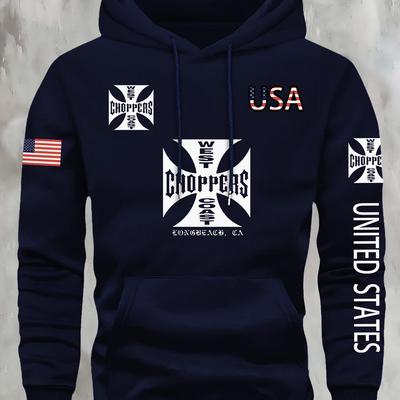 TEMU Kourrter Men' Graphic Hoodie With Usa Flag & Print, Geometric Patterns, Front Pockets, Regular Fit Casual Pullover For Autumn/winter Image