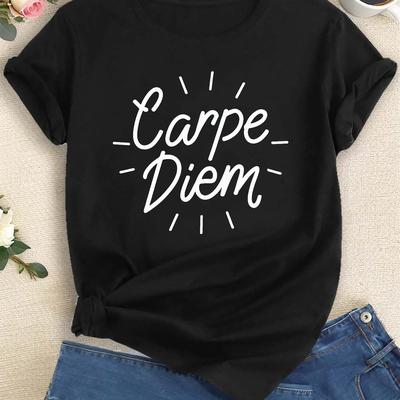 TEMU Women's Print T-shirt - Short Sleeve Crew Neck Casual Top With Geometric Design, Dark Grey & White Lettering, , Machine Washable, Everyday Outfit, Lettering, Soft Fabric, Printed Shirt, Image