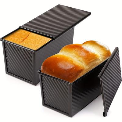 TEMU 2pcs Bread Pan With Lid, 1 Pound Bread Pan, Durable Carbon Steel Bread Toast Mold For Grilling Pan, Carbon Steel Corrugated Bread For Homemade Cake, Baking Bread And Meat Pie (black) Image